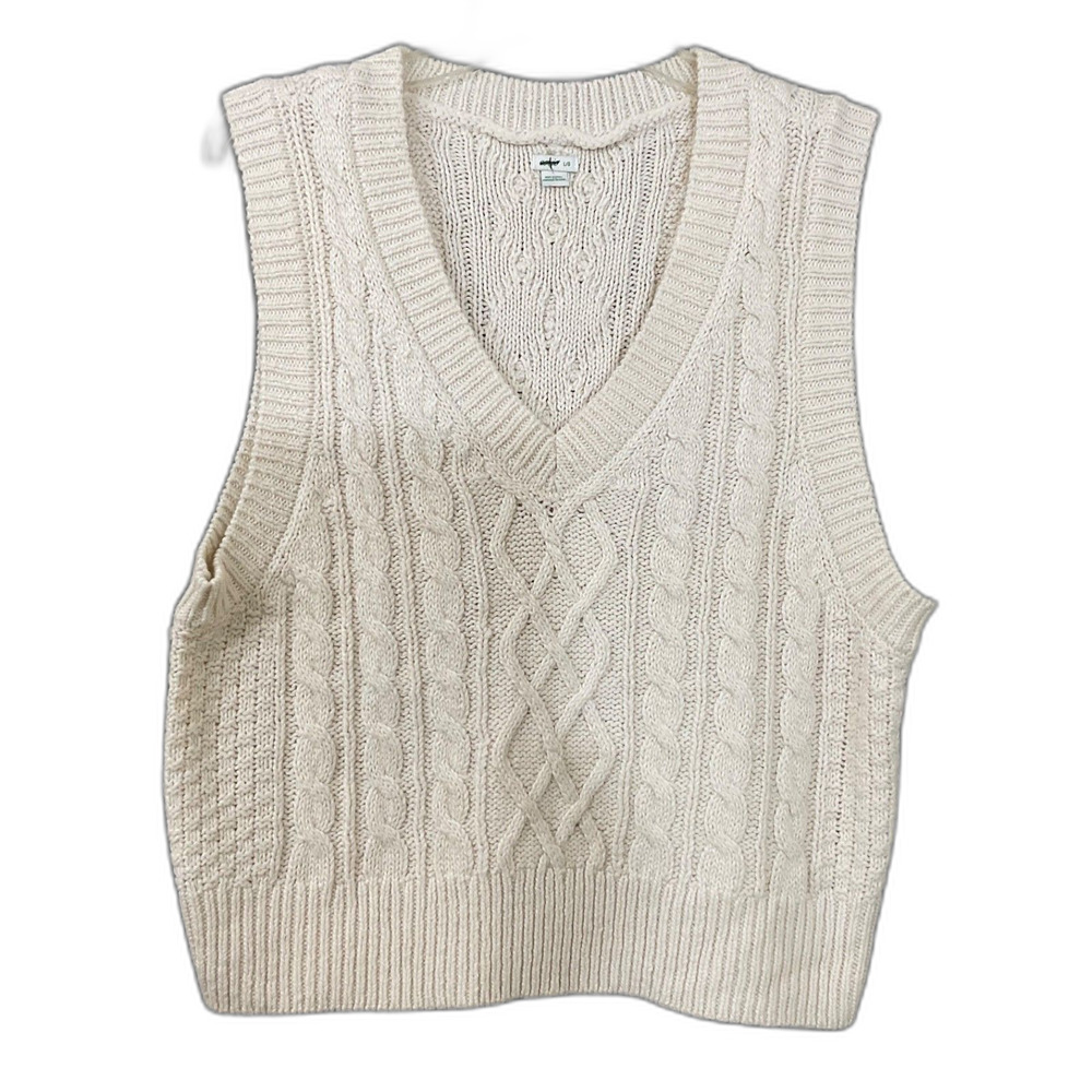 Aerie Cable Knit Sweater Pullover women’s Size Large Ivory v-neck sleeveless